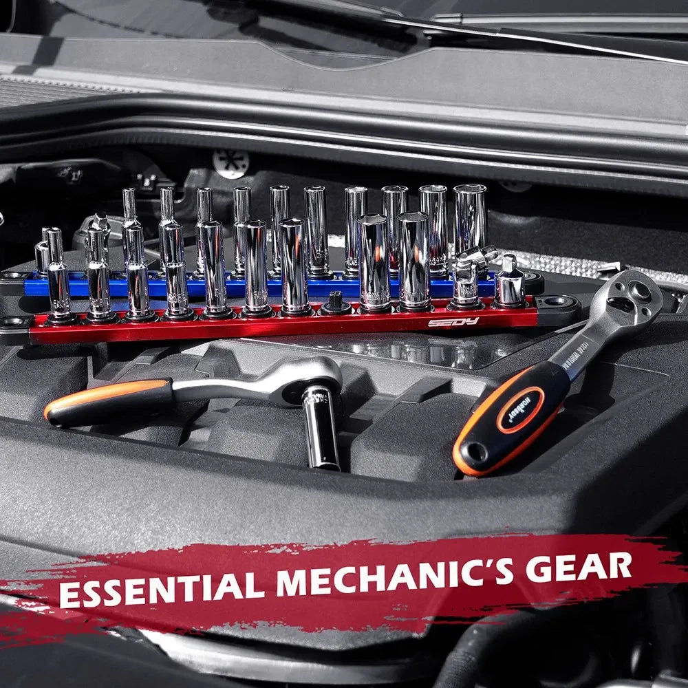 SEDY SEDY 12-Piece 1/4" Drive Long Metric Socket Set 4-13mm with 1 Piece Magnetic Organizer Rail Rack