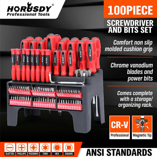 Screwdriver Set 100Pc Ratchet Handle Socket Slot Pozi Hex Star Square Bits Rack