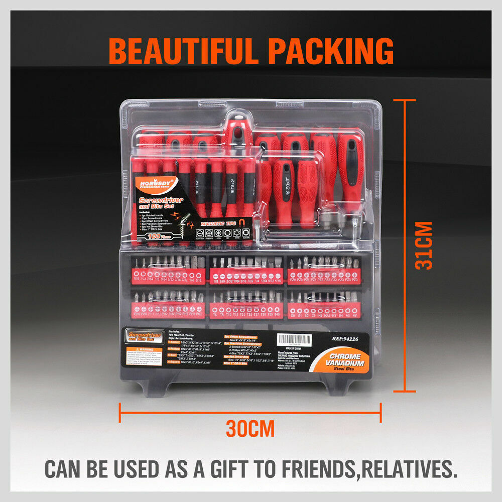 Screwdriver Set 100Pc Ratchet Handle Socket Slot Pozi Hex Star Square Bits Rack