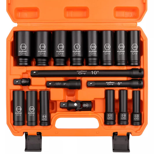 Deep Impact Socket Set 18Pc Imperial SAE Extension Flexible Adaptor 1/2" Drive