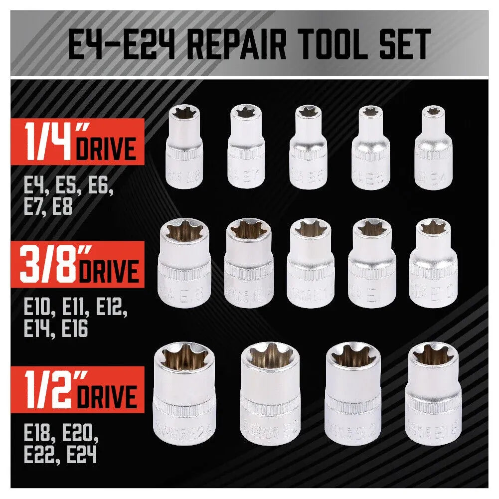 SEDY 14-Piece E-TORX Star Socket Set, 1/4" 3/8" 1/2" Drive, Female External Star Torque Socket Set, E4 - E24