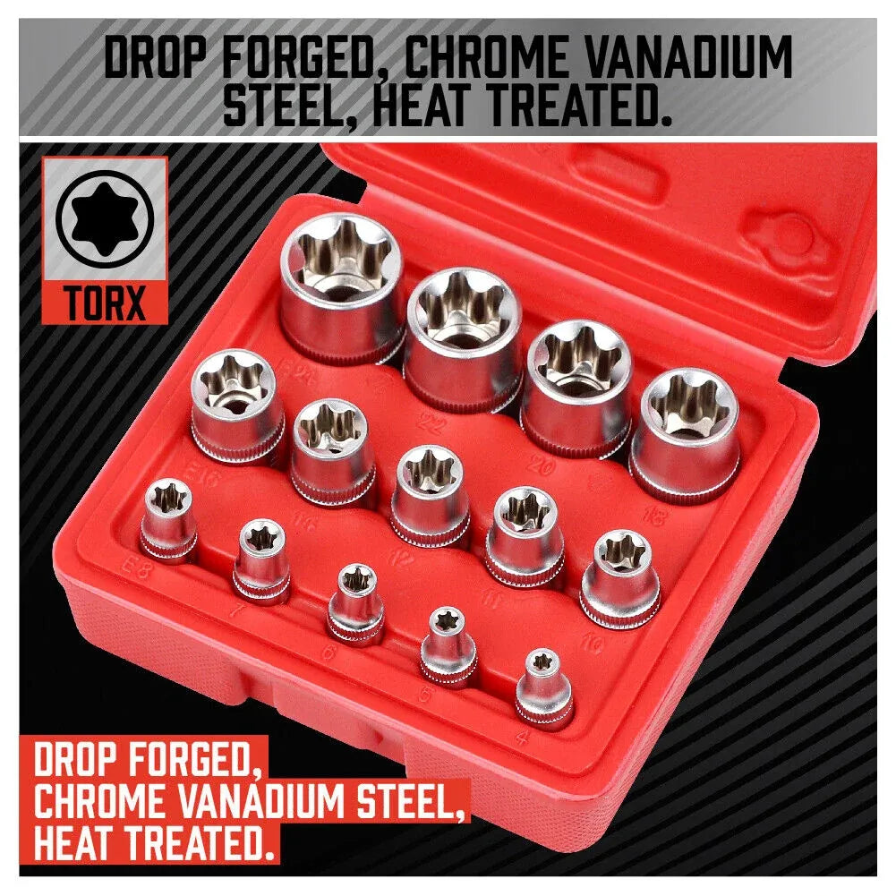 SEDY 14-Piece E-TORX Star Socket Set, 1/4" 3/8" 1/2" Drive, Female External Star Torque Socket Set, E4 - E24