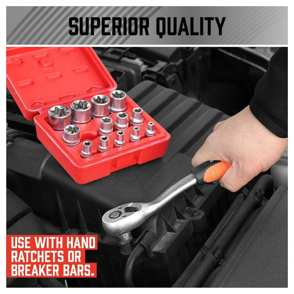 SEDY 14-Piece E-TORX Star Socket Set, 1/4" 3/8" 1/2" Drive, Female External Star Torque Socket Set, E4 - E24