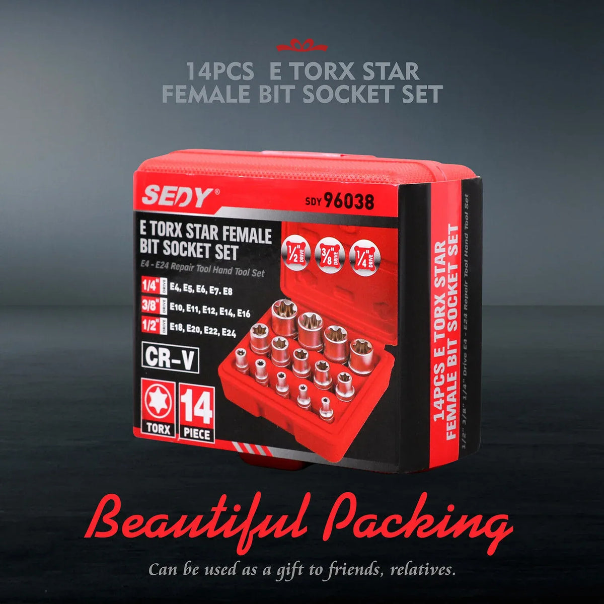 SEDY 14-Piece E-TORX Star Socket Set, 1/4" 3/8" 1/2" Drive, Female External Star Torque Socket Set, E4 - E24