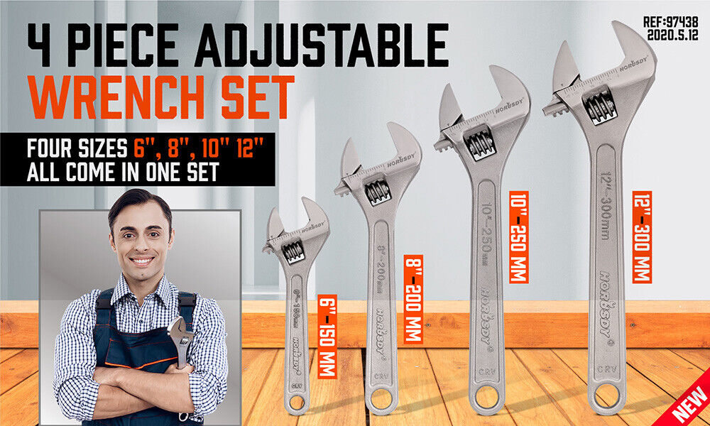 Adjustable Wrench Set 4Pc Heavy Duty Shifter Spanner Wide Open Jaw 6"/8"/10"/12"