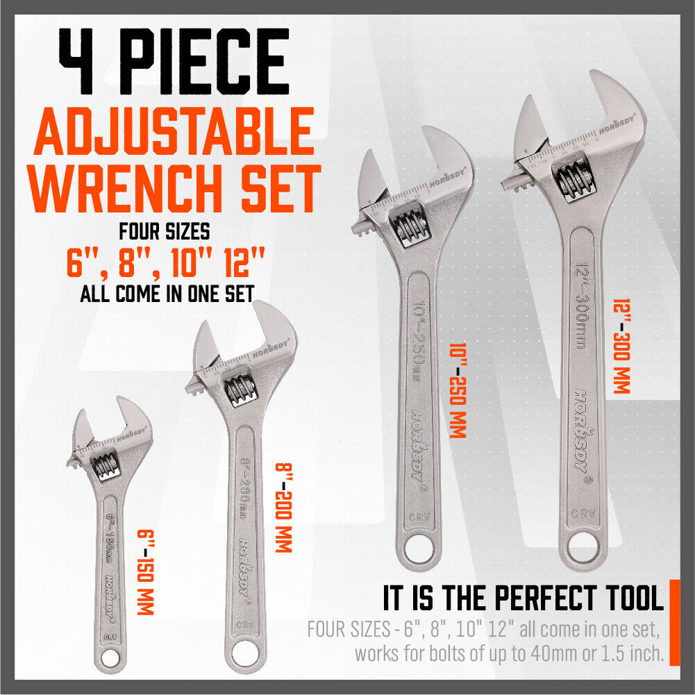 Adjustable Wrench Set 4Pc Heavy Duty Shifter Spanner Wide Open Jaw 6"/8"/10"/12"