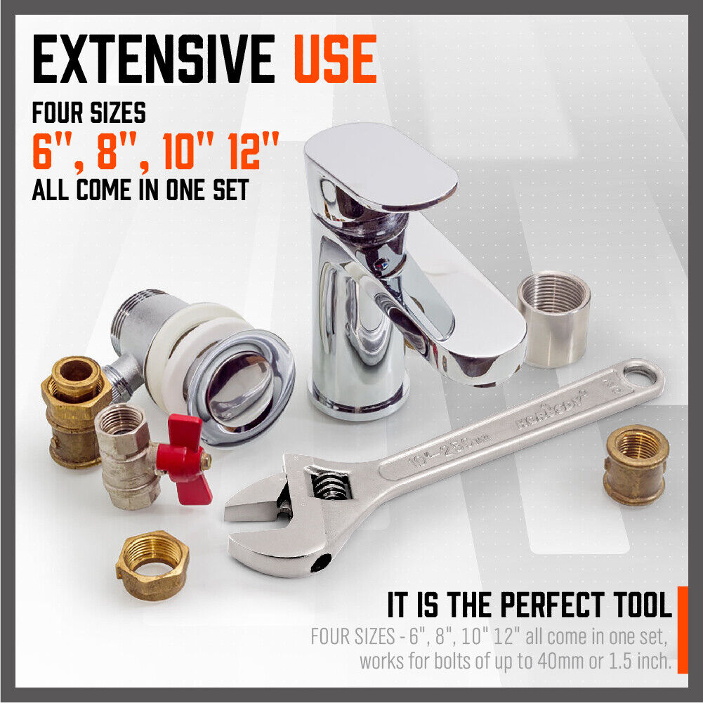 Adjustable Wrench Set 4Pc Heavy Duty Shifter Spanner Wide Open Jaw 6"/8"/10"/12"