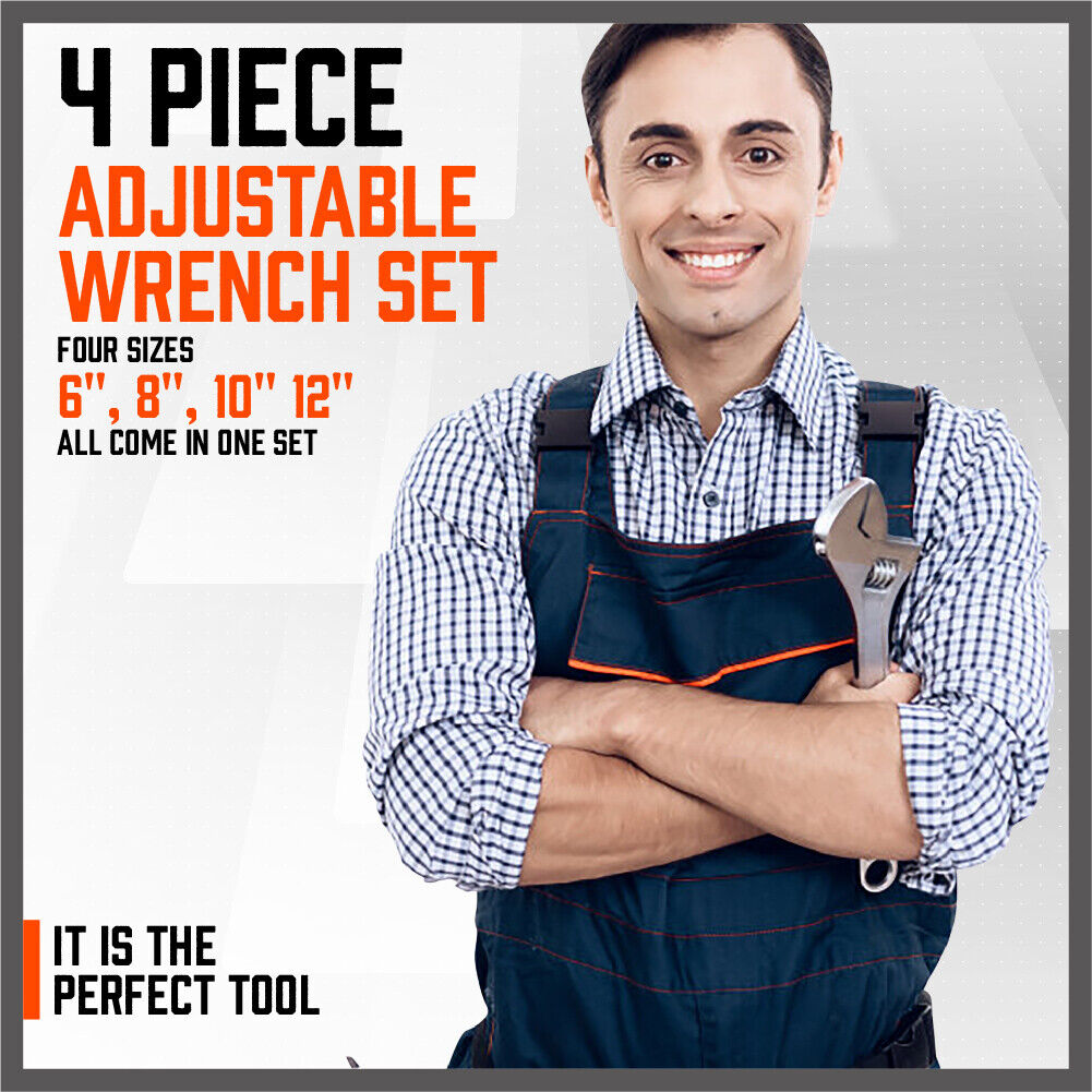 Adjustable Wrench Set 4Pc Heavy Duty Shifter Spanner Wide Open Jaw 6"/8"/10"/12"