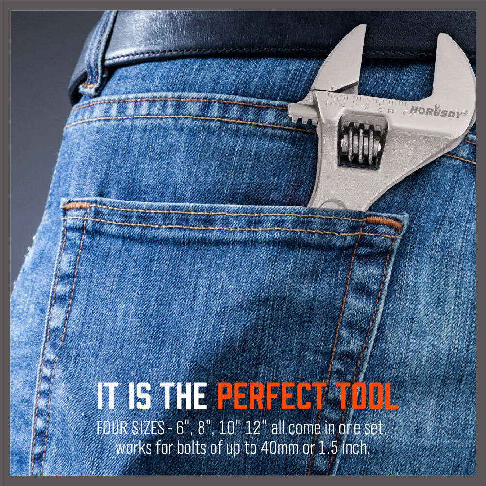 Adjustable Wrench Set 4Pc Heavy Duty Shifter Spanner Wide Open Jaw 6"/8"/10"/12"