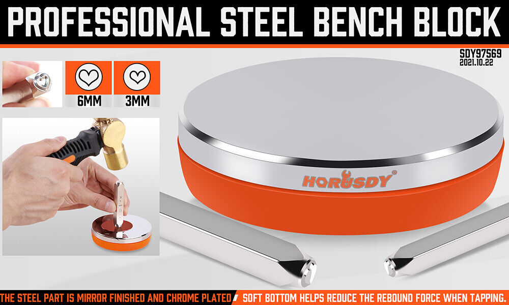 Steel Bench Block Jewelry Stamping Tool Mirror Polishing 3" Round with 2 Punches