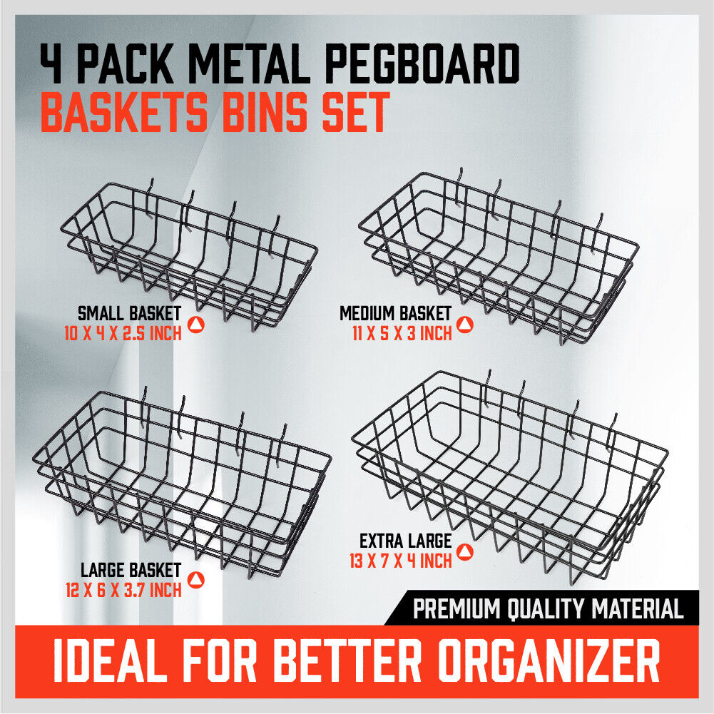 Pegboard Baskets Set 4Pc Storage Bins Organizer Display Hangers Assorted Sizes