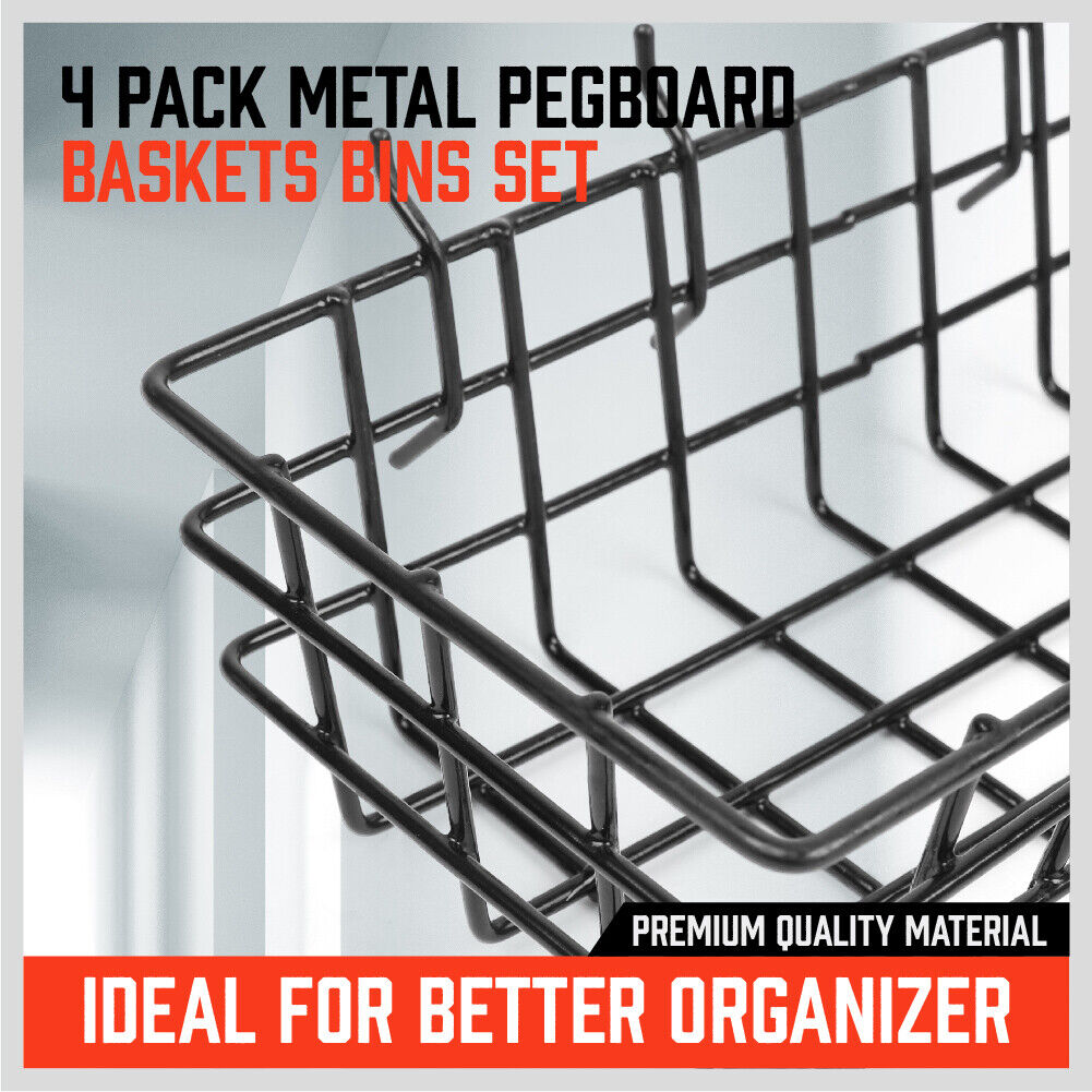 Pegboard Baskets Set 4Pc Storage Bins Organizer Display Hangers Assorted Sizes