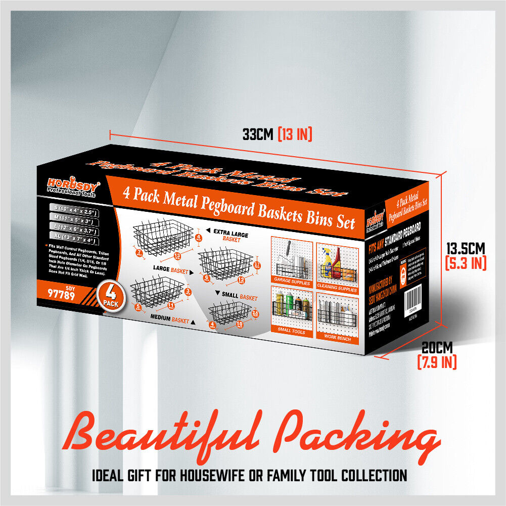 Pegboard Baskets Set 4Pc Storage Bins Organizer Display Hangers Assorted Sizes