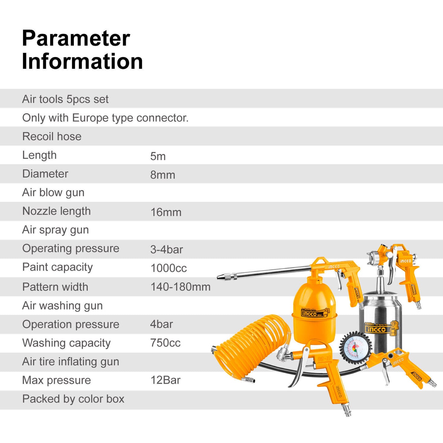 Air Tool Set 5Pc Ingco Compressor Paint Sprayer, Air Blower, Wash, Tyre Inflating, 5M Hose