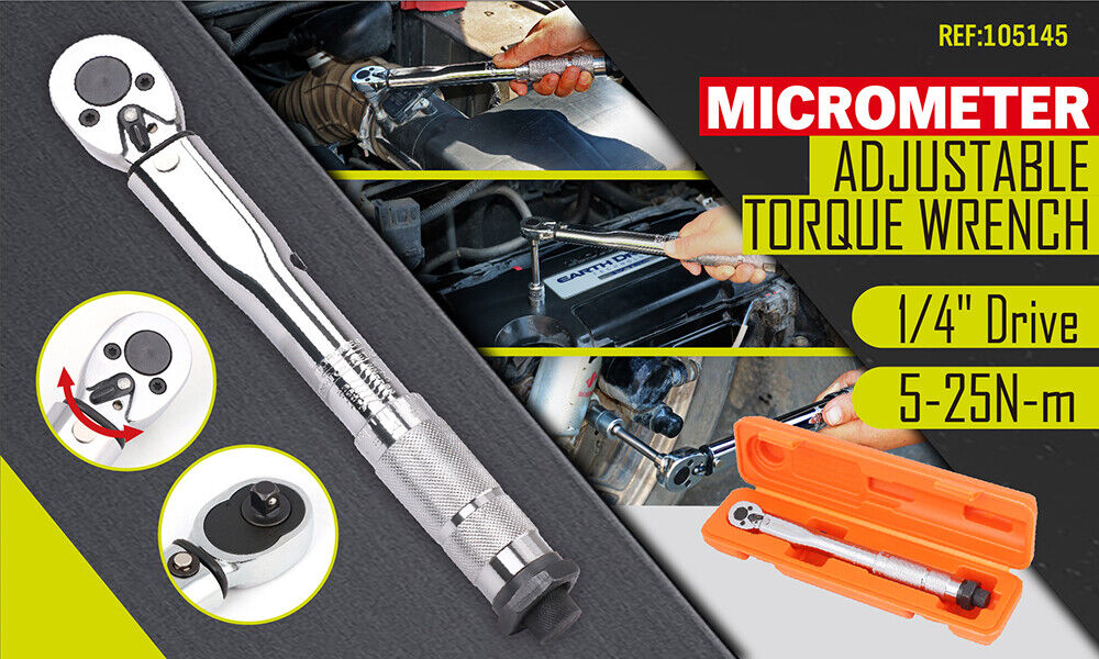 Torque Wrench Click 1/4" Drive Adjustable Hand Ratchet Spanner 5-25NM Repair