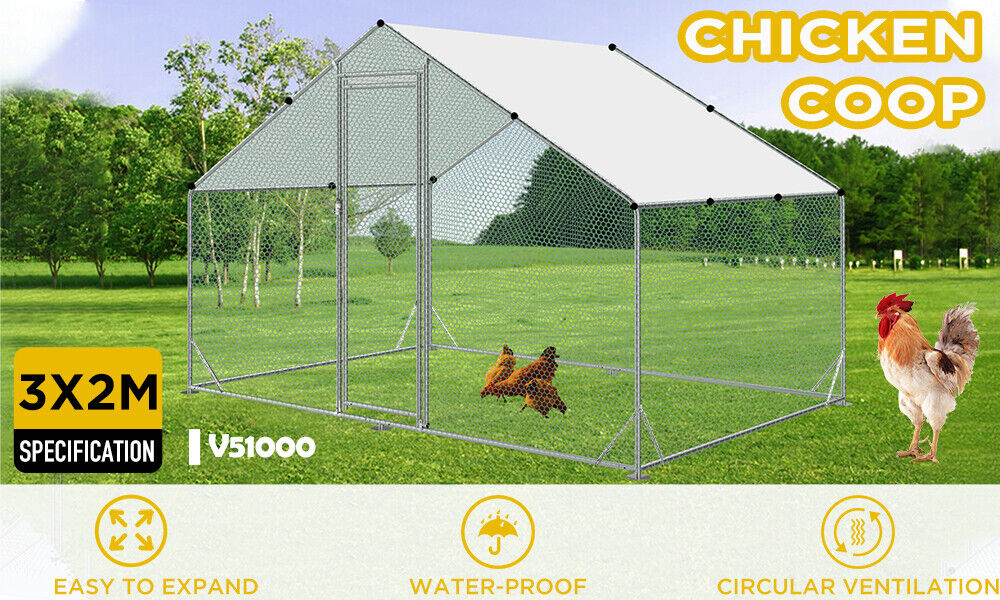 VaKa Metal Walk-in Chicken Coop Rabbit Hutch Cage Hen House Chook 3x2x1.95m