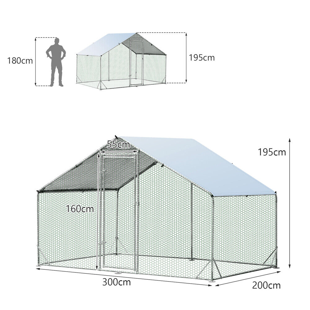 VaKa Metal Walk-in Chicken Coop Rabbit Hutch Cage Hen House Chook 3x2x1.95m