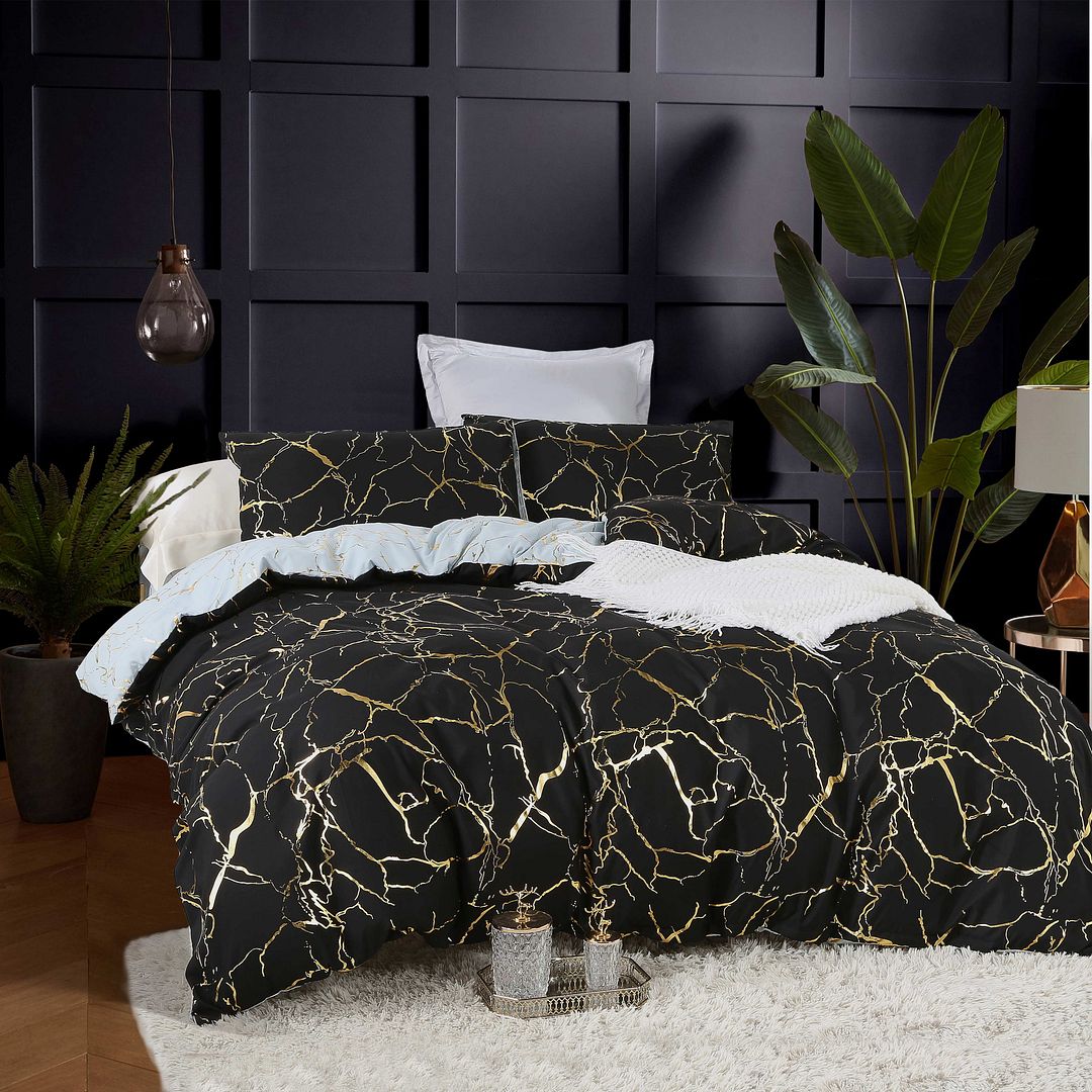 Reversible Design Super King Size Black Duvet Quilt Cover Set