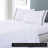 soft microfibre embroidered stripe sheet set double white pillowcase charcoal stripe