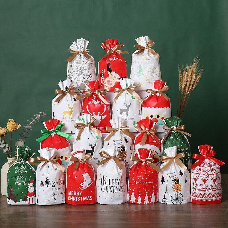 10pcs Christmas Candy Bags Gift Treat Drawstring Pouches Biscuit Cookie Packaging - 10Pcs Bag-Merry Christmas