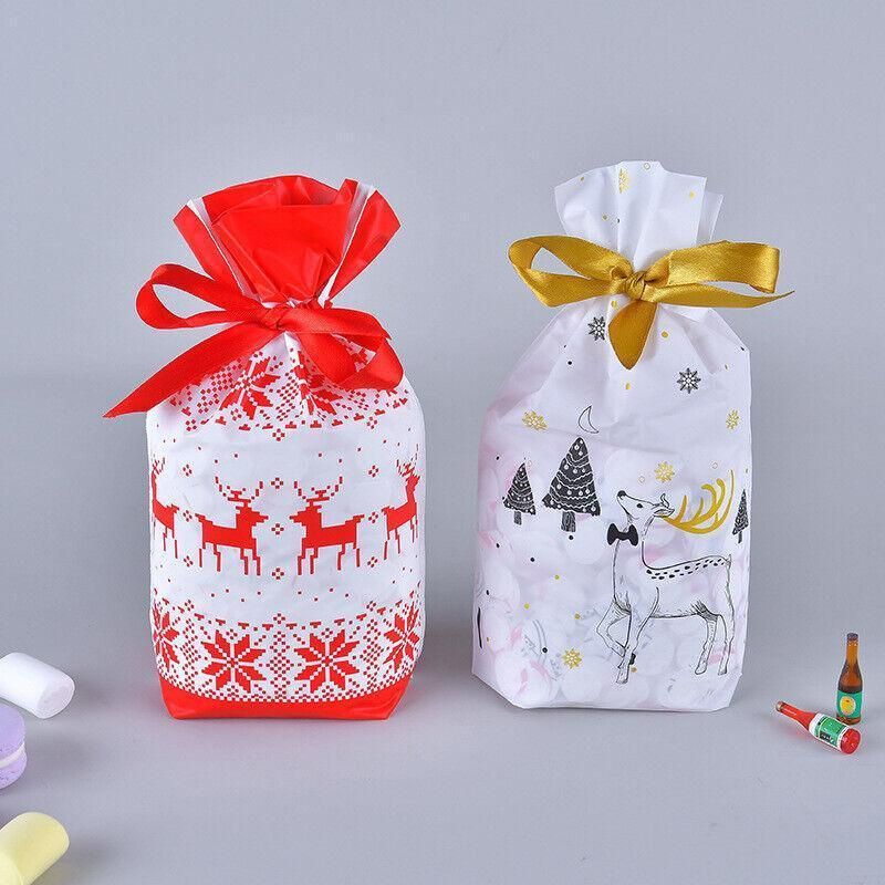10pcs Christmas Candy Bags Gift Treat Drawstring Pouches Biscuit Cookie Packaging - 10Pcs Bag-White House