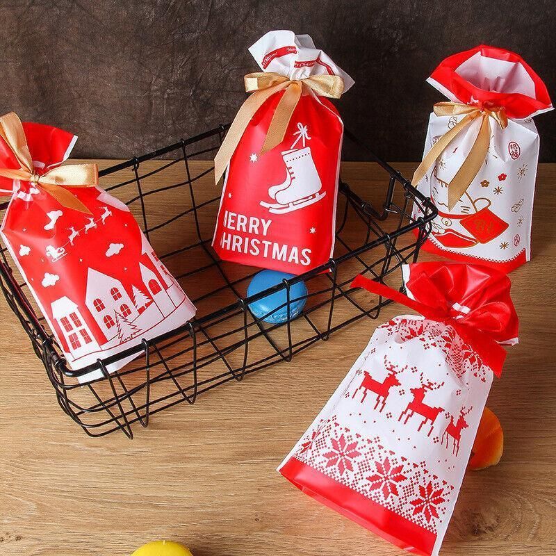 10pcs Christmas Candy Bags Gift Treat Drawstring Pouches Biscuit Cookie Packaging - 10Pcs Bag-White House