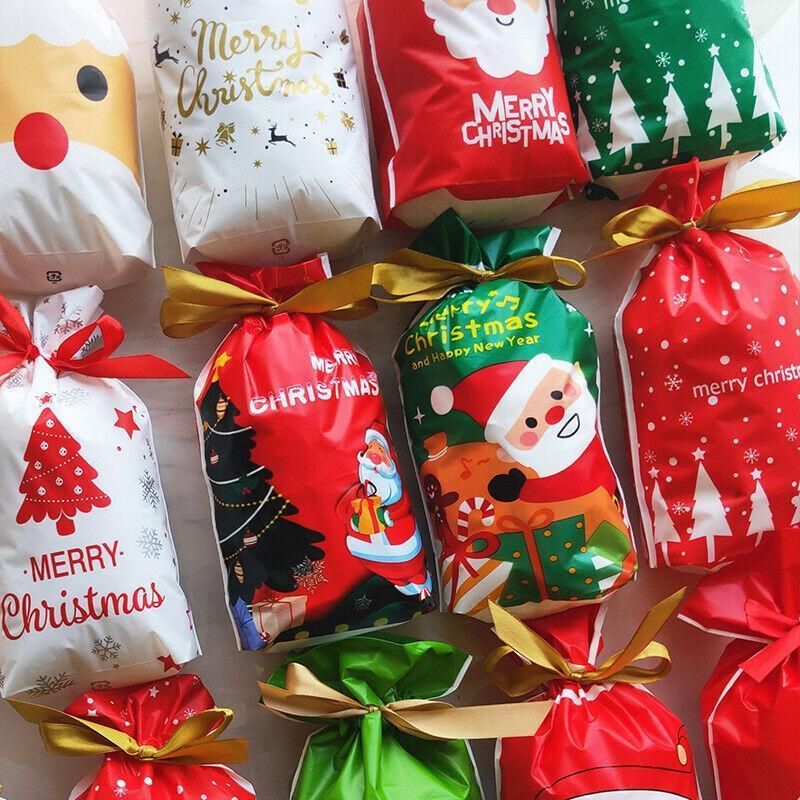 10pcs Christmas Candy Bags Gift Treat Drawstring Pouches Biscuit Cookie Packaging - 10Pcs Bag-White House