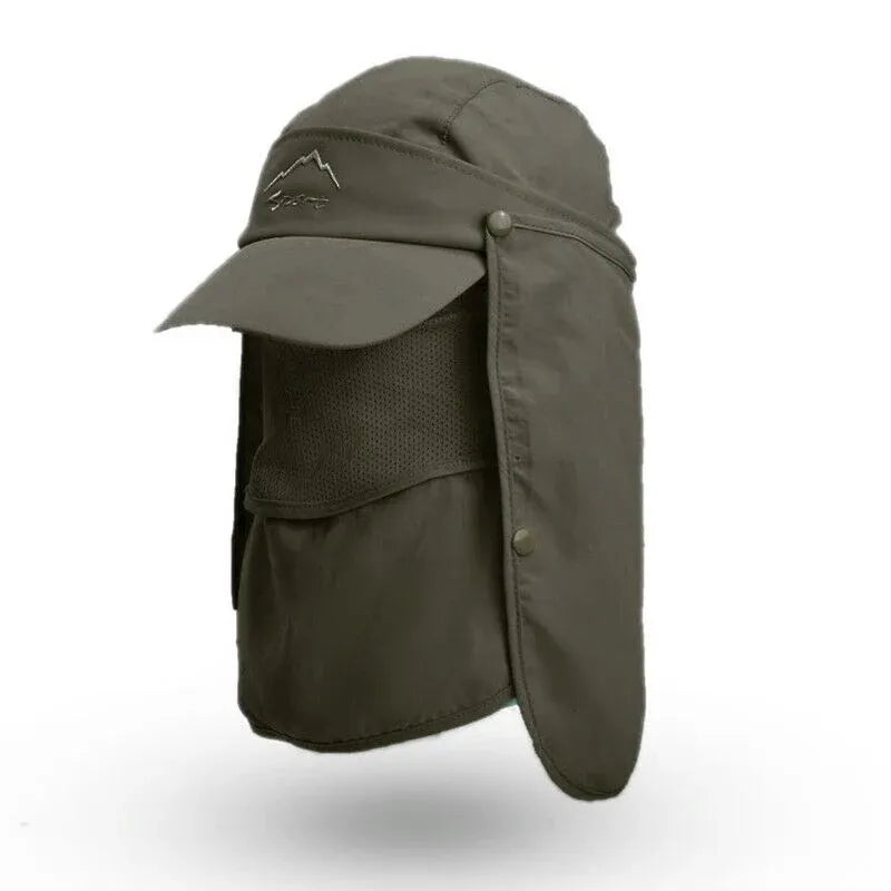 Unisex Face Neck Flap Hat Wide Brim Cap Hiking Fishing Sun Protection Outdoor - Army Green