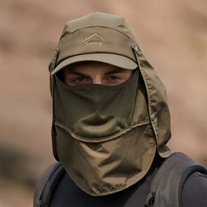 Unisex Face Neck Flap Hat Wide Brim Cap Hiking Fishing Sun Protection Outdoor - Army Green