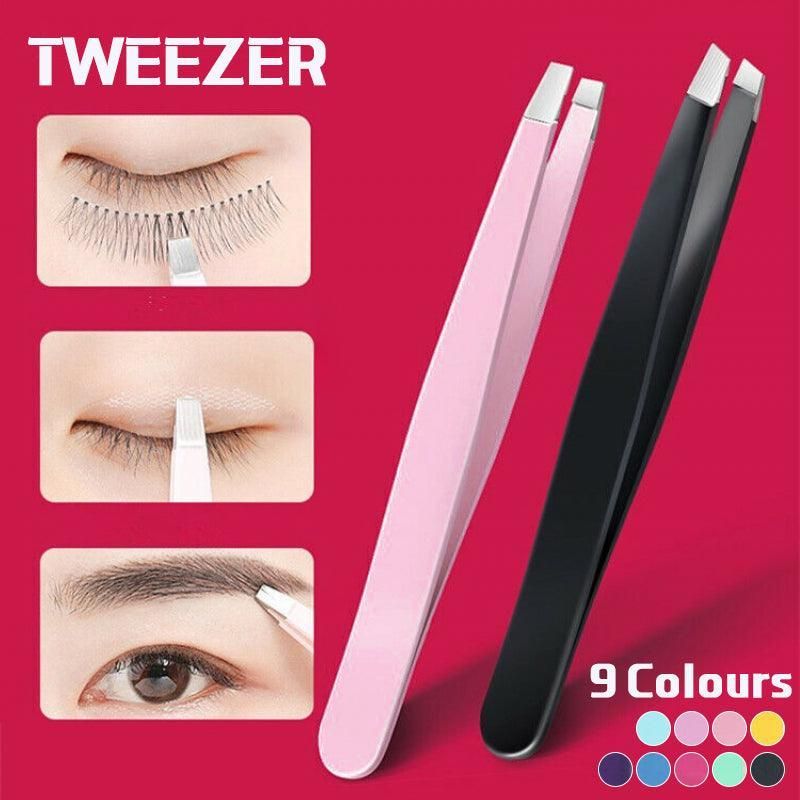 Stainless Steel Hair Eyebrow Tweezers Plucker Puller Beauty Slanted Nail Tip - Black