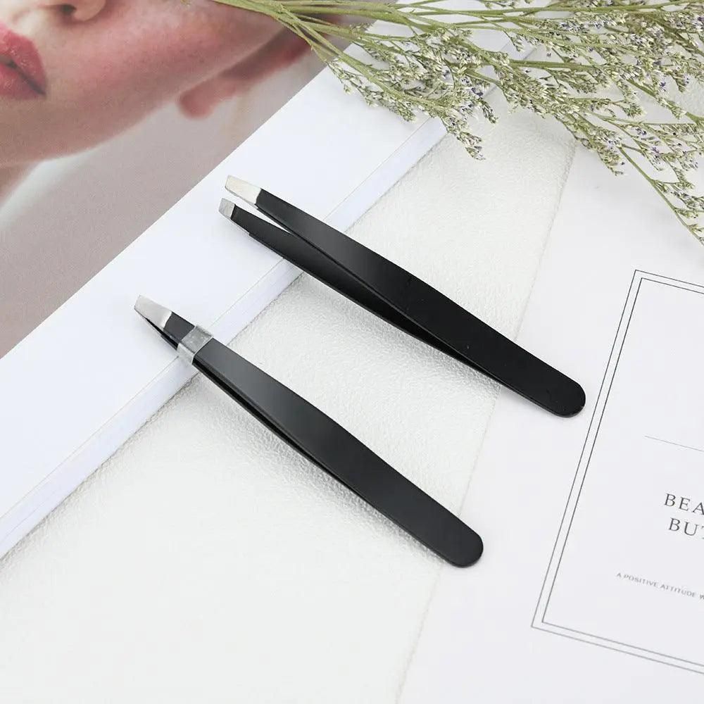 Stainless Steel Hair Eyebrow Tweezers Plucker Puller Beauty Slanted Nail Tip - Black