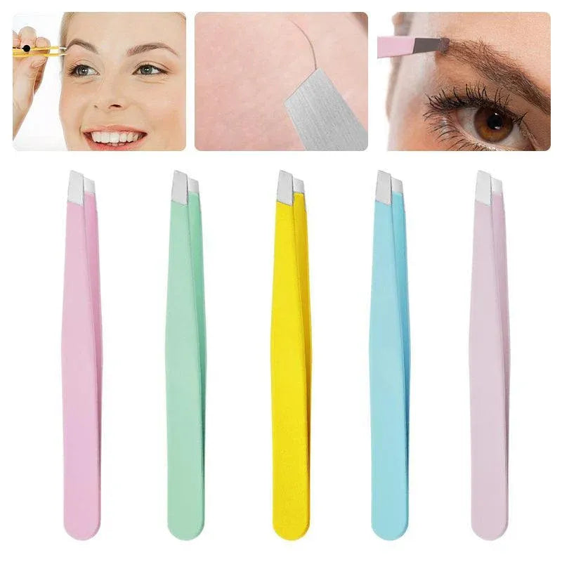 Stainless Steel Hair Eyebrow Tweezers Plucker Puller Beauty Slanted Nail Tip - Black