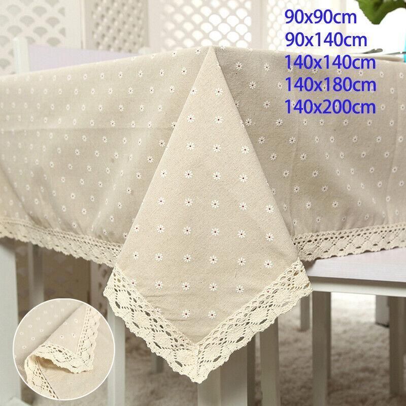 Floral Tablecloth with Lace Edge Cotton Linen Cover for Dining Table Square Rectangle - 140*200CM