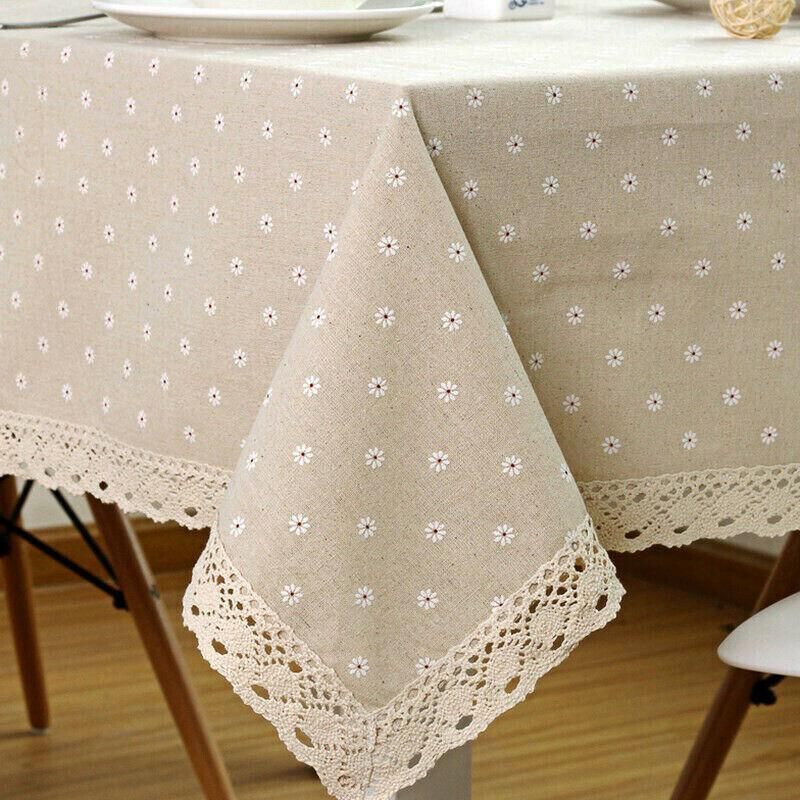 Floral Tablecloth with Lace Edge Cotton Linen Cover for Dining Table Square Rectangle - 140*200CM