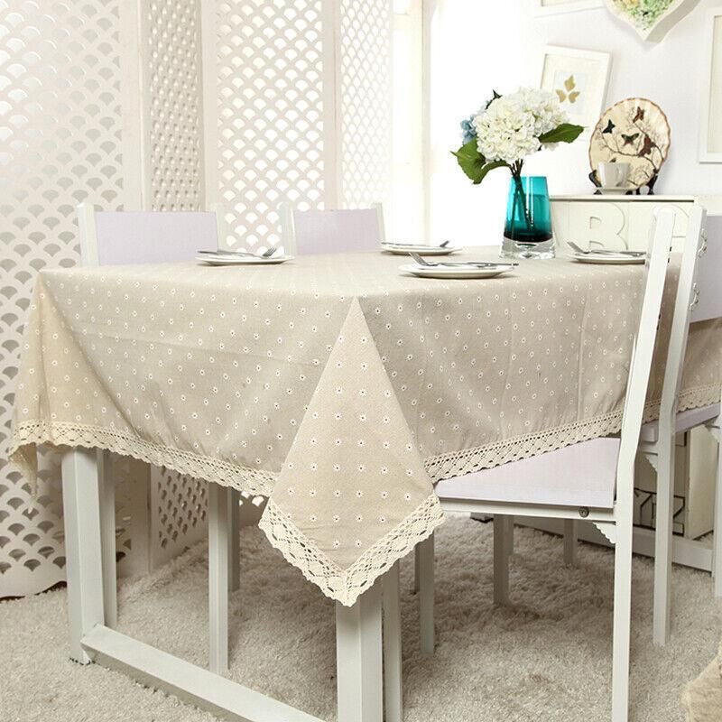 Floral Tablecloth with Lace Edge Cotton Linen Cover for Dining Table Square Rectangle - 140*200CM