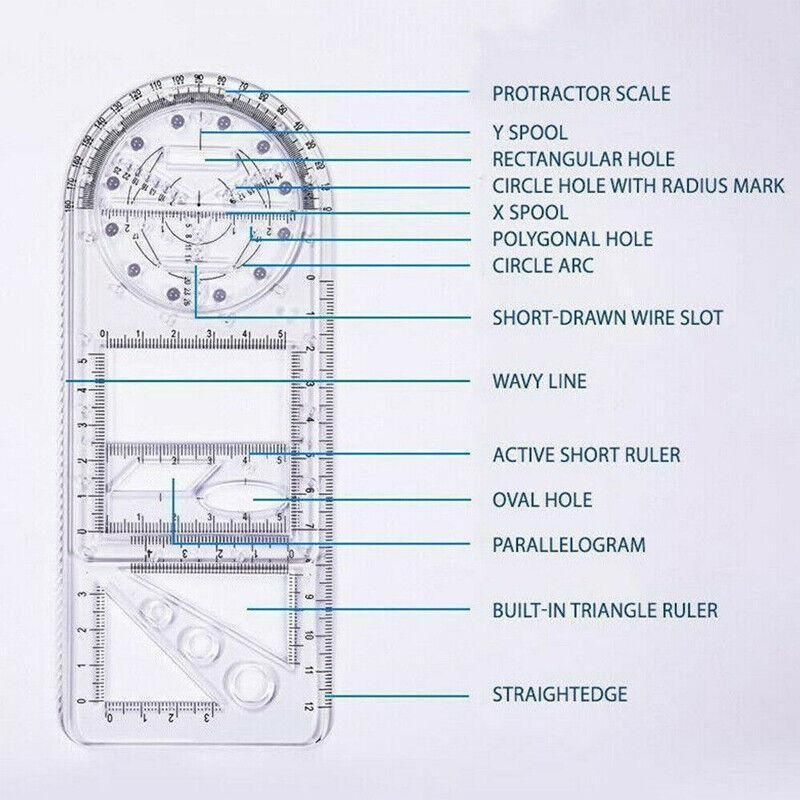 Multifunctional Geometric Ruler Student Mathematics Drawing Tools School Office - Blue-Primary School