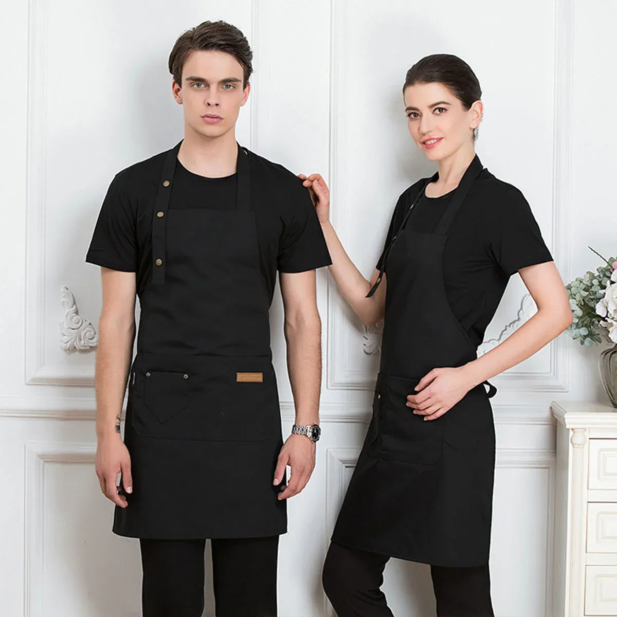 Adjustable Work Apron Neck Strap Waist Tie Kitchen Cooking Bib Apron Men Women - Brown