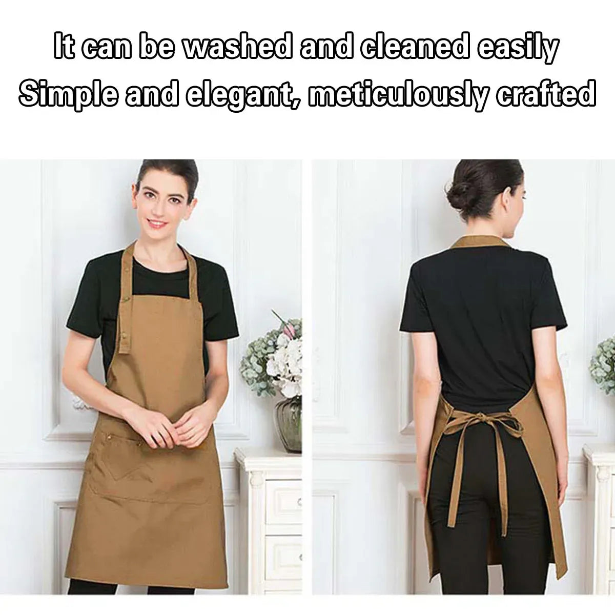 Adjustable Work Apron Neck Strap Waist Tie Kitchen Cooking Bib Apron Men Women - Brown