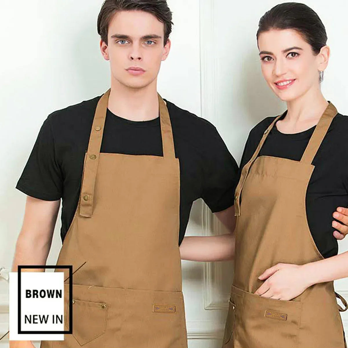 Adjustable Work Apron Neck Strap Waist Tie Kitchen Cooking Bib Apron Men Women - Brown