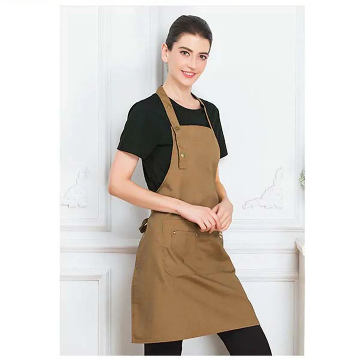Adjustable Work Apron Neck Strap Waist Tie Kitchen Cooking Bib Apron Men Women - Brown