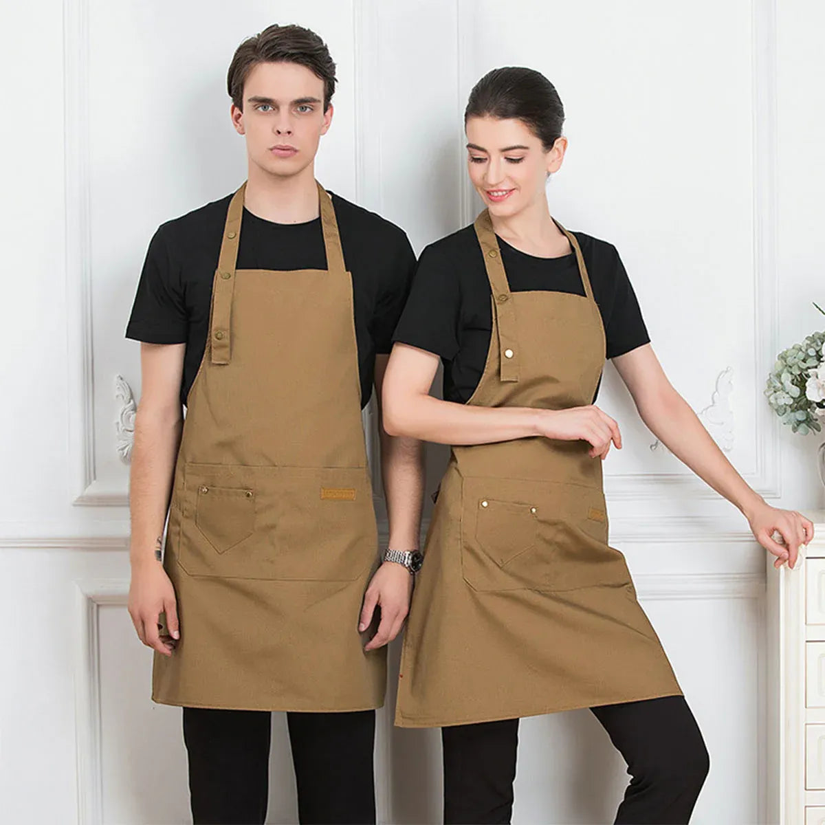 Adjustable Work Apron Neck Strap Waist Tie Kitchen Cooking Bib Apron Men Women - Brown