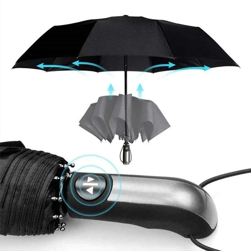 Automatic Umbrella Auto Open Close Compact Folding Anti Rain Windproof 10Ribs Au - Wine Red