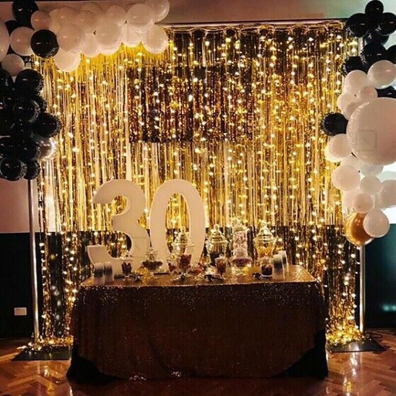 Metallic Tinsel Curtain Foil Backdrop Function Party Decoration Birthday Event - White