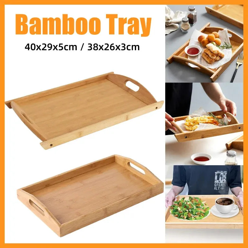 Rectangular Bamboo Tray Household Tea Serving Plate Kitchen Snack Dish Organizer - 38x26x3cm