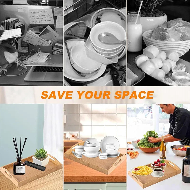 Rectangular Bamboo Tray Household Tea Serving Plate Kitchen Snack Dish Organizer - 38x26x3cm