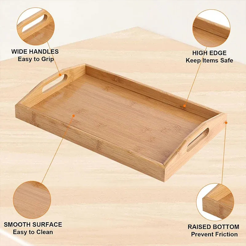 Rectangular Bamboo Tray Household Tea Serving Plate Kitchen Snack Dish Organizer - 38x26x3cm