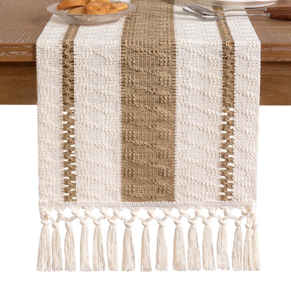 Cotton Linen Table Runner with Knot Tassel Bed End Towel Long Tablecloth Mat - Light brown