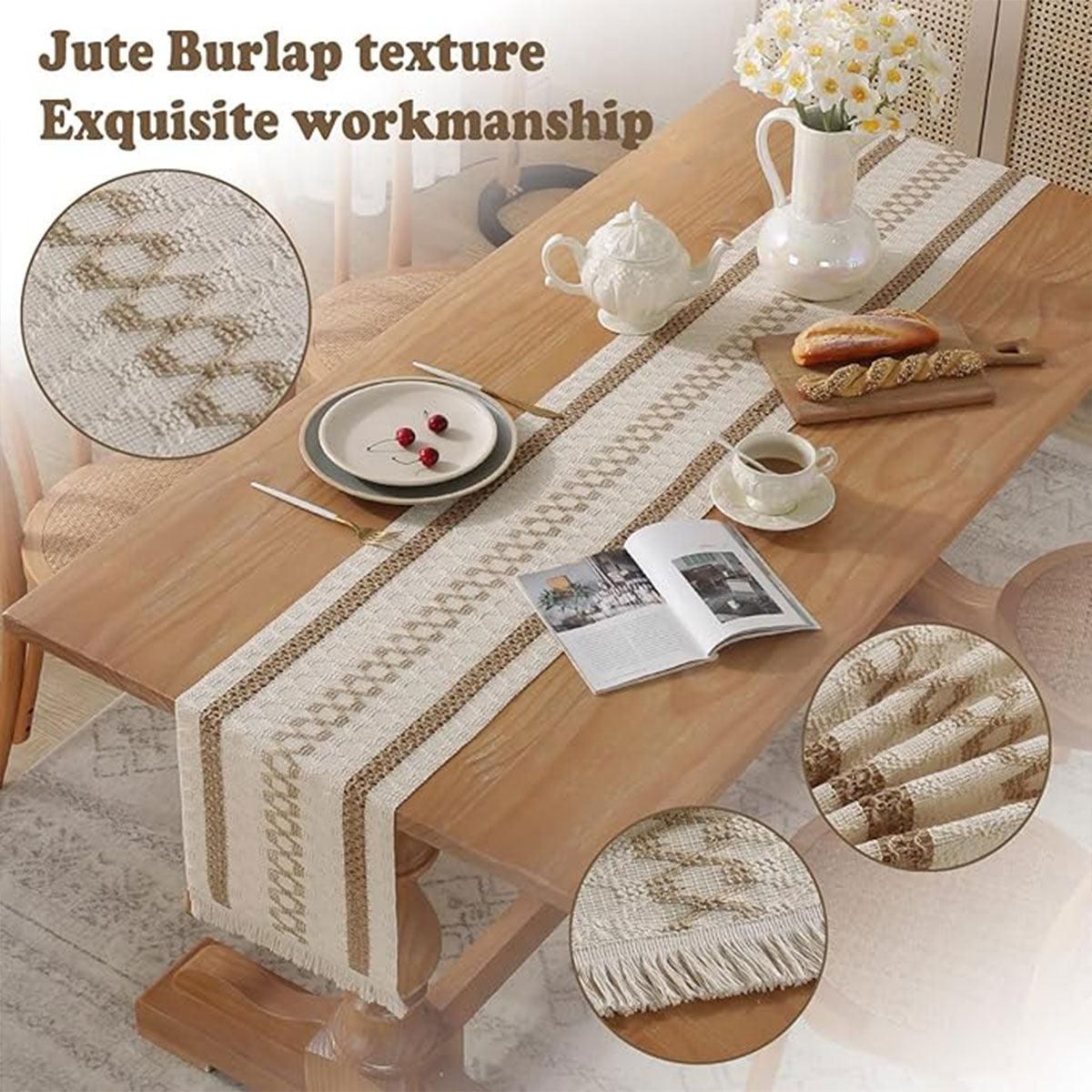 Cotton Linen Table Runner with Knot Tassel Bed End Towel Long Tablecloth Mat - Light brown
