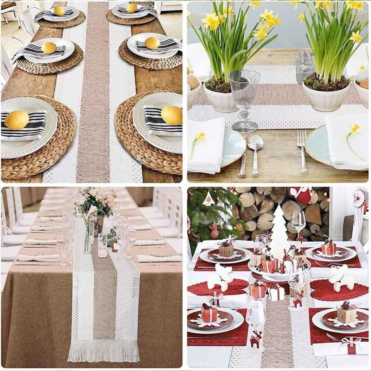 Cotton Linen Table Runner with Knot Tassel Bed End Towel Long Tablecloth Mat - Light brown
