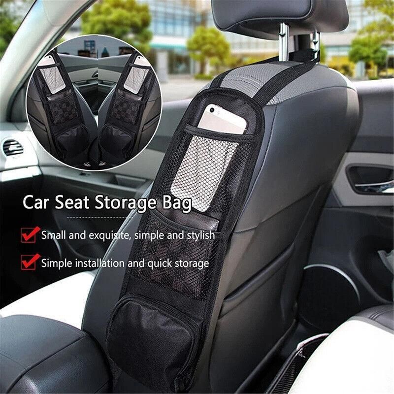 Black Vehicle Backrest Side Pocket Mesh Hanging Bag Organizer with Phone Holder